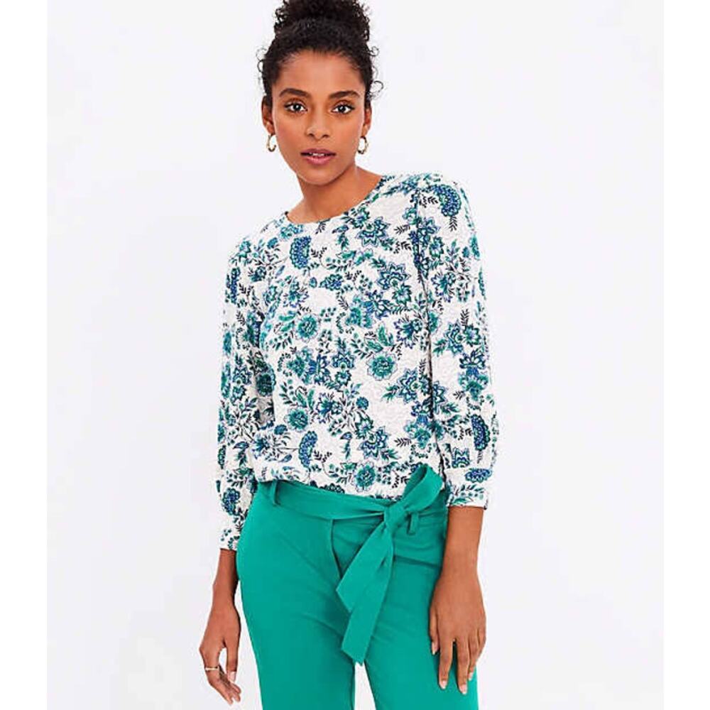 Loft Women's‎ Garden Puff Sleeve Green Blue Floral Paisley Sweatshirt Size XS